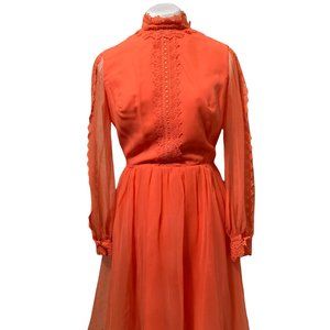 THE TANGERINE DREAM: Knee-Length Chiffon 1970s Vintage Neon Orange Prairie Dress
